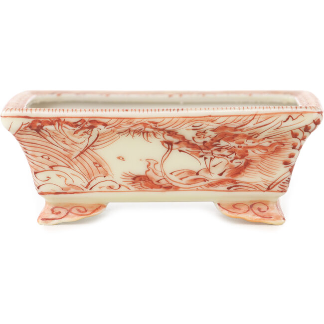 Maceta rectangular para bonsái de color blanco y rojo de Kutani - 95 x 78 x 35 mm