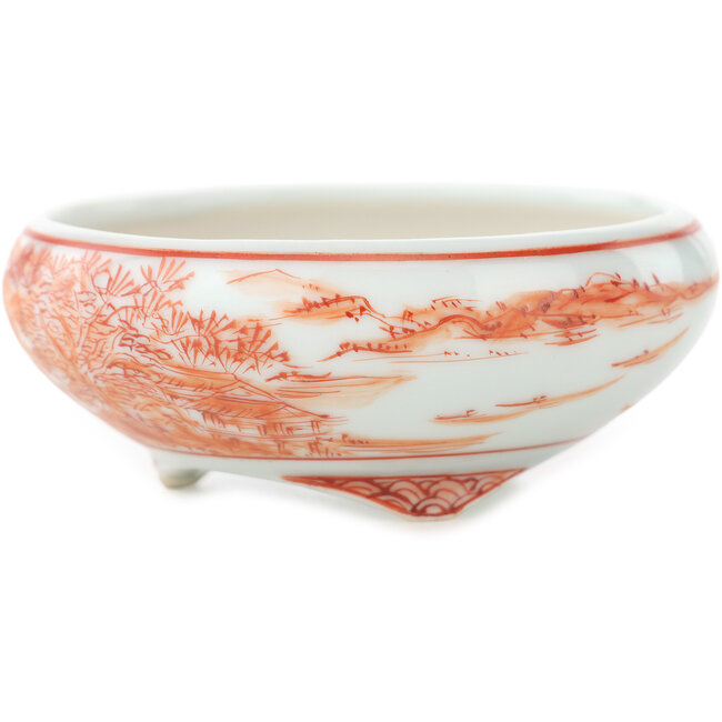 Pot à bonsaï rond blanc et rouge de Kutani - 77 x 77 x 30 mm