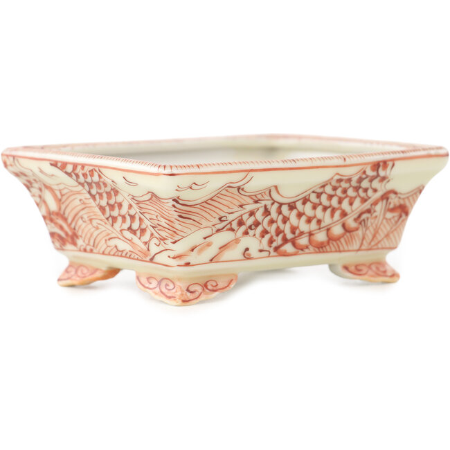 Vaso bonsai rettangolare bianco e rosso di Kutani - 95 x 78 x 35 mm