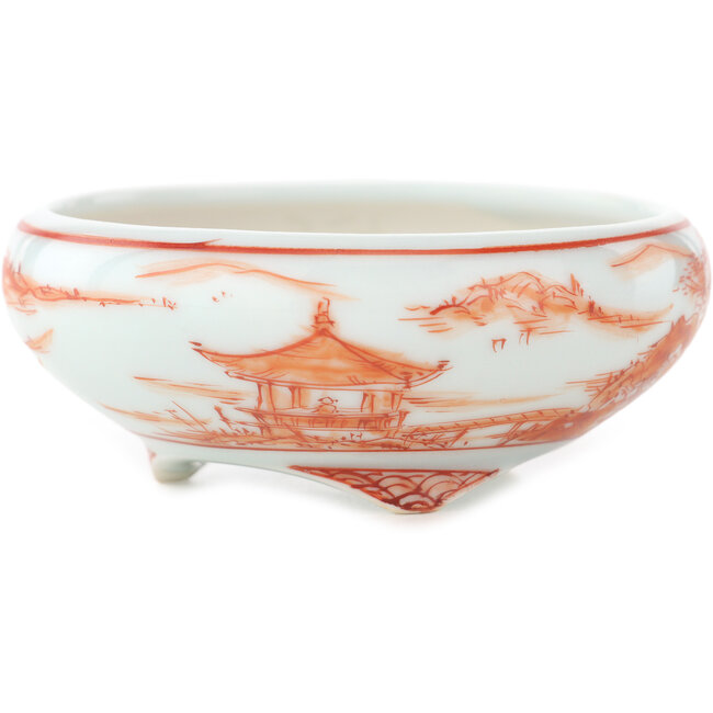 Pot à bonsaï rond blanc et rouge de Kutani - 77 x 77 x 30 mm