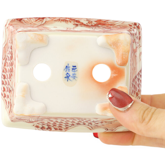 Vaso bonsai rettangolare bianco e rosso di Kutani - 95 x 78 x 35 mm