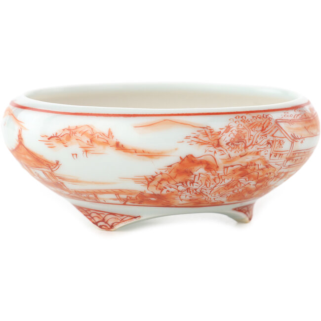 Pot à bonsaï rond blanc et rouge de Kutani - 77 x 77 x 30 mm