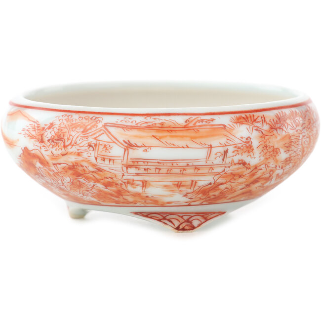 Round white and red  bonsai pot by Kutani - 77 x 77 x 30 mm