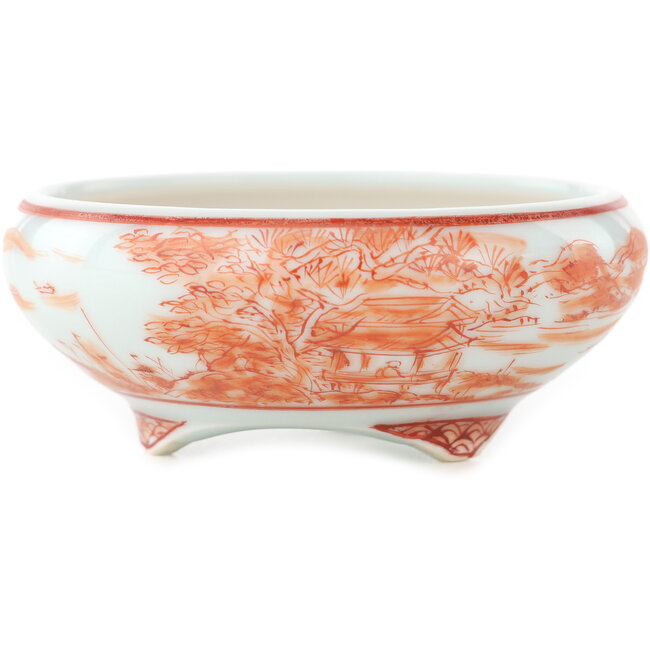 Vaso bonsai rotondo bianco e rosso di Kutani - 77 x 77 x 30 mm