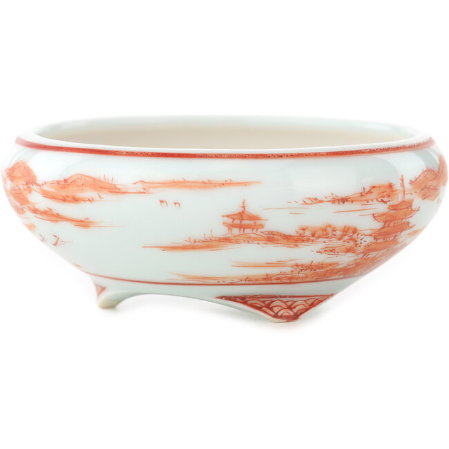 Vaso bonsai rotondo bianco e rosso di Kutani - 77 x 77 x 30 mm