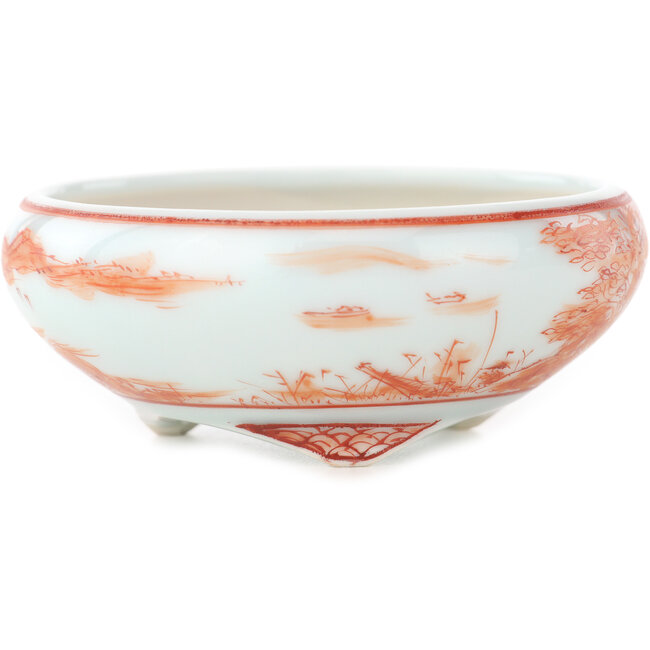 Round white and red  bonsai pot by Kutani - 77 x 77 x 30 mm