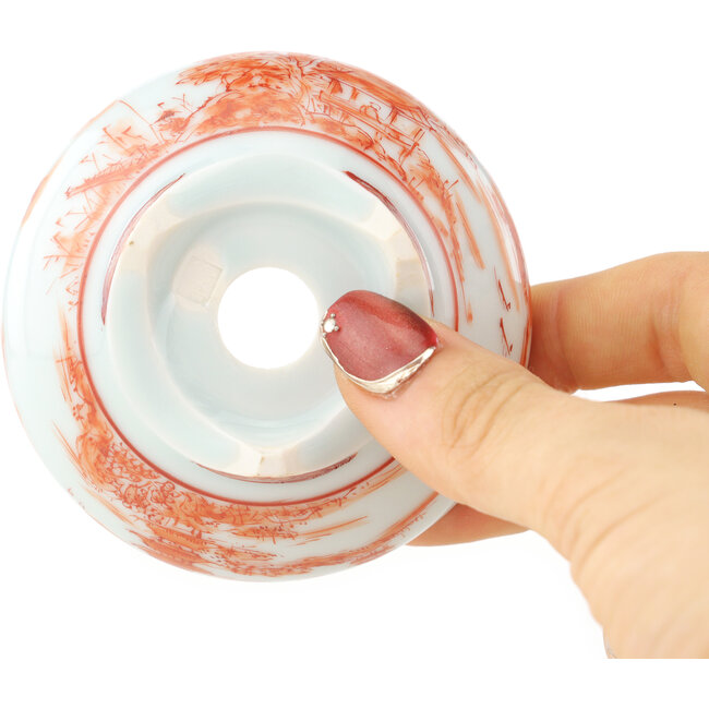 Vaso bonsai rotondo bianco e rosso di Kutani - 77 x 77 x 30 mm