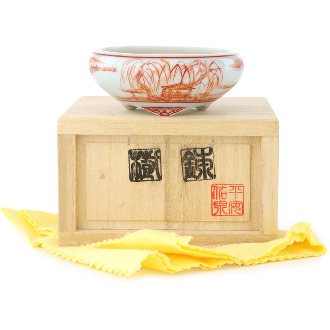 Round white and red  bonsai pot by Kutani - 77 x 77 x 30 mm