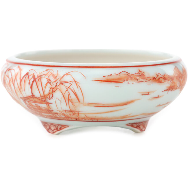 Round white and red  bonsai pot by Kutani - 77 x 77 x 30 mm