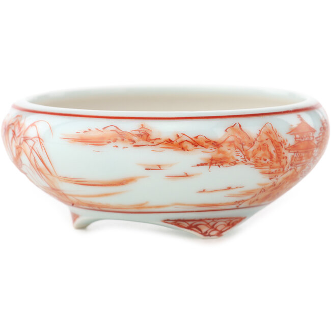 Round white and red  bonsai pot by Kutani - 77 x 77 x 30 mm