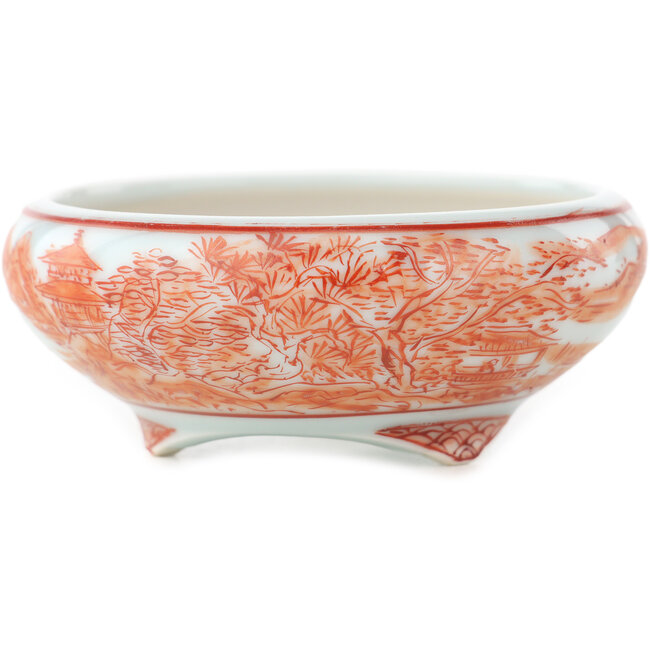 Ronde witte en rode bonsai pot van Kutani - 77 x 77 x 30 mm
