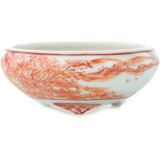 Round white and red  bonsai pot by Kutani - 77 x 77 x 30 mm