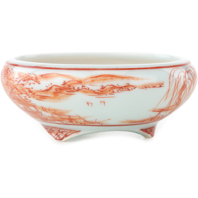 Pot à bonsaï rond blanc et rouge de Kutani - 77 x 77 x 30 mm