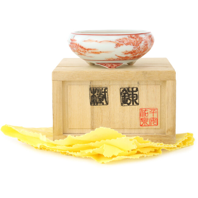Vaso bonsai rotondo bianco e rosso di Kutani - 77 x 77 x 30 mm