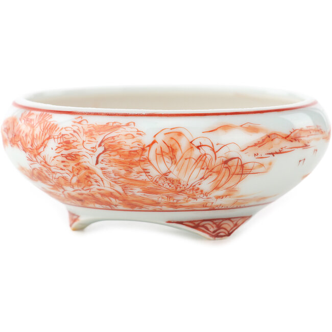 Vaso bonsai rotondo bianco e rosso di Kutani - 77 x 77 x 30 mm