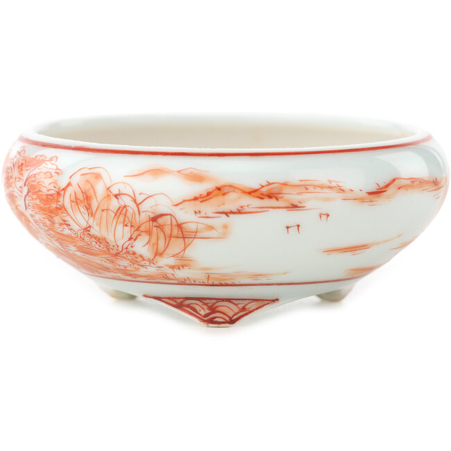 Vaso bonsai rotondo bianco e rosso di Kutani - 77 x 77 x 30 mm