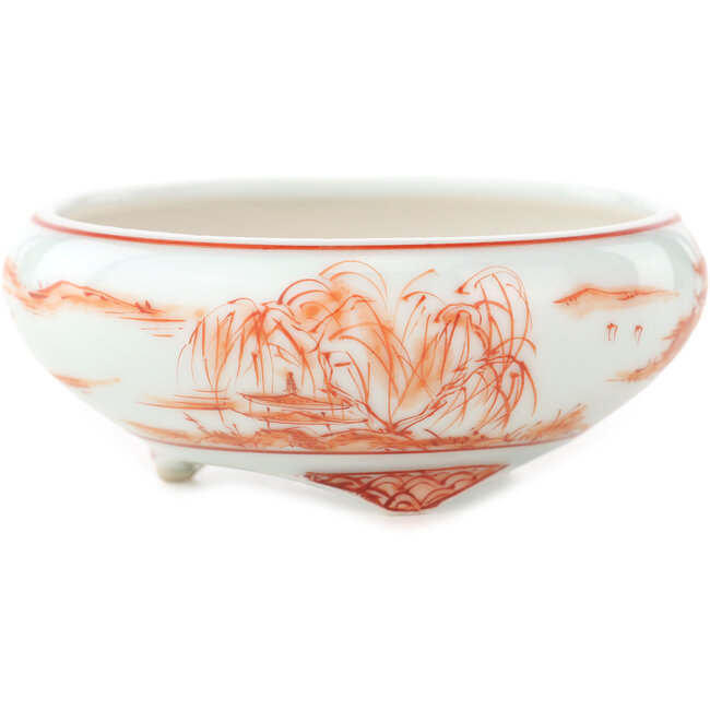 Ronde witte en rode bonsai pot van Kutani - 77 x 77 x 30 mm