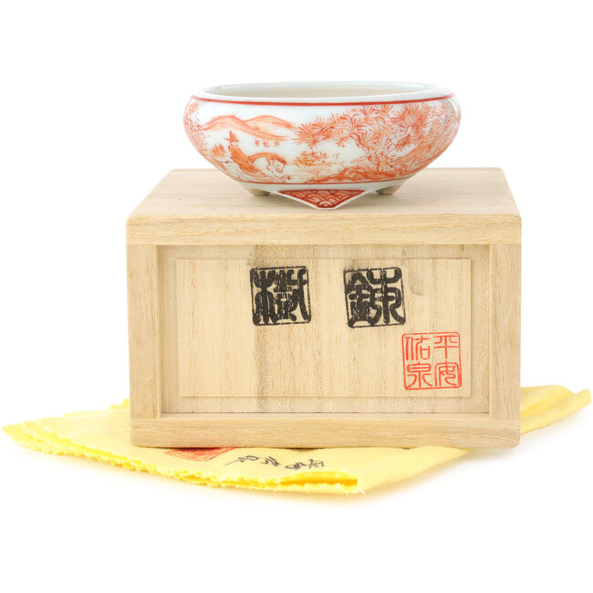 Round white and red  bonsai pot by Kutani - 77 x 77 x 30 mm