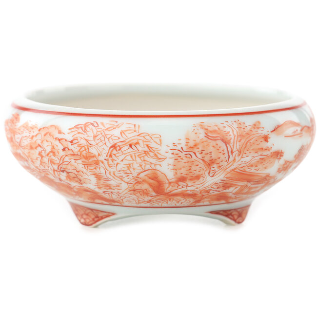 Round white and red  bonsai pot by Kutani - 77 x 77 x 30 mm