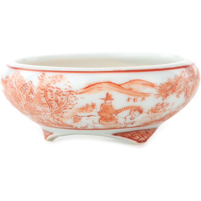 Vaso bonsai rotondo bianco e rosso di Kutani - 77 x 77 x 30 mm