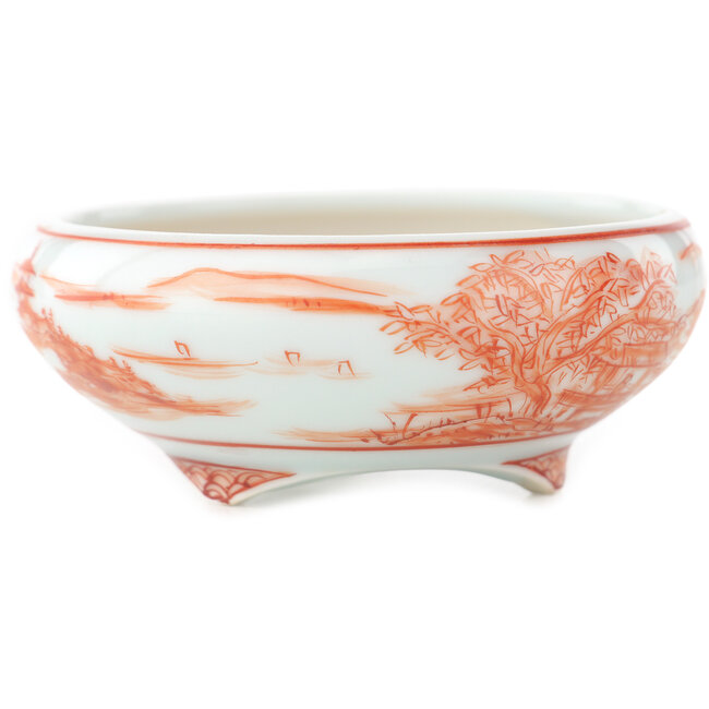 Vaso bonsai rotondo bianco e rosso di Kutani - 77 x 77 x 30 mm