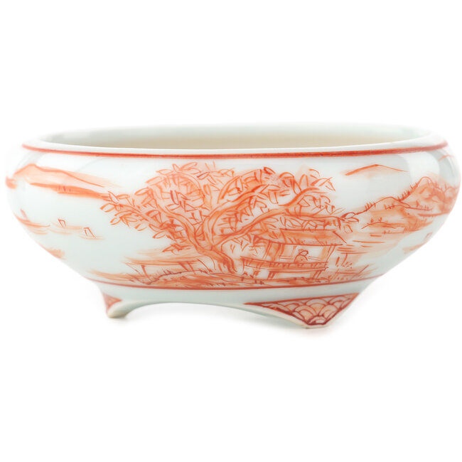 Ronde witte en rode bonsai pot van Kutani - 77 x 77 x 30 mm