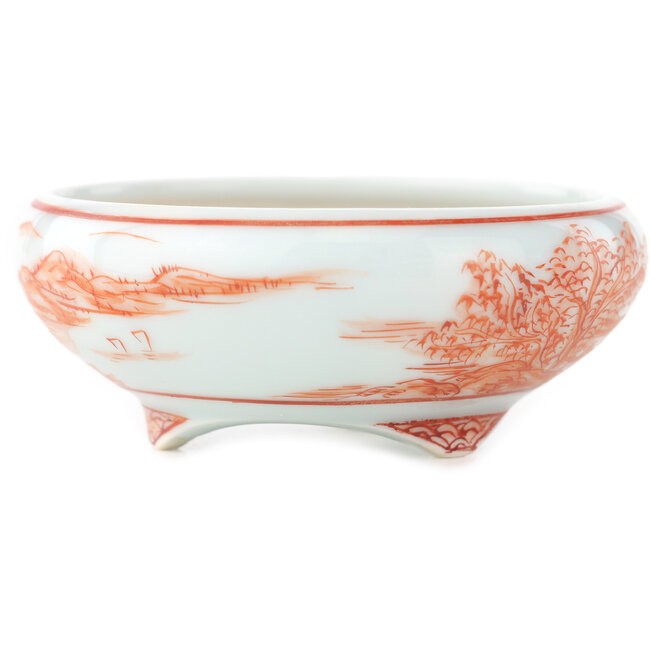 Round white and red  bonsai pot by Kutani - 77 x 77 x 30 mm
