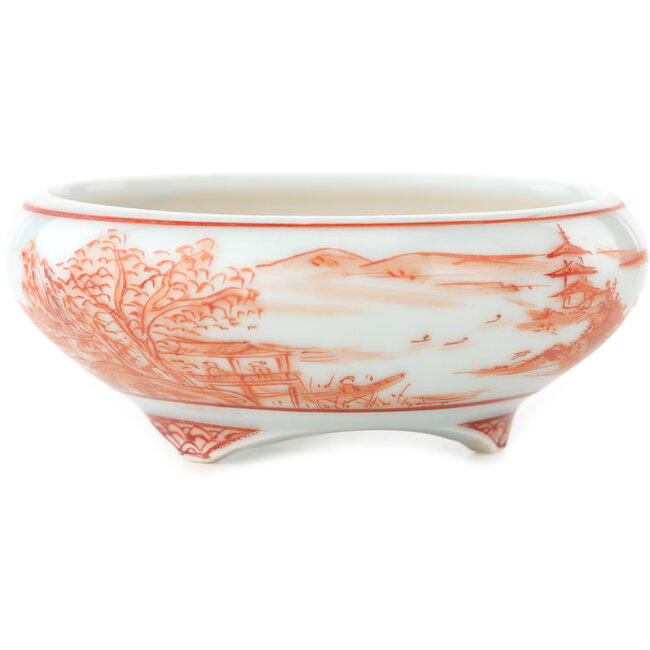 Ronde witte en rode bonsai pot van Kutani - 77 x 77 x 30 mm