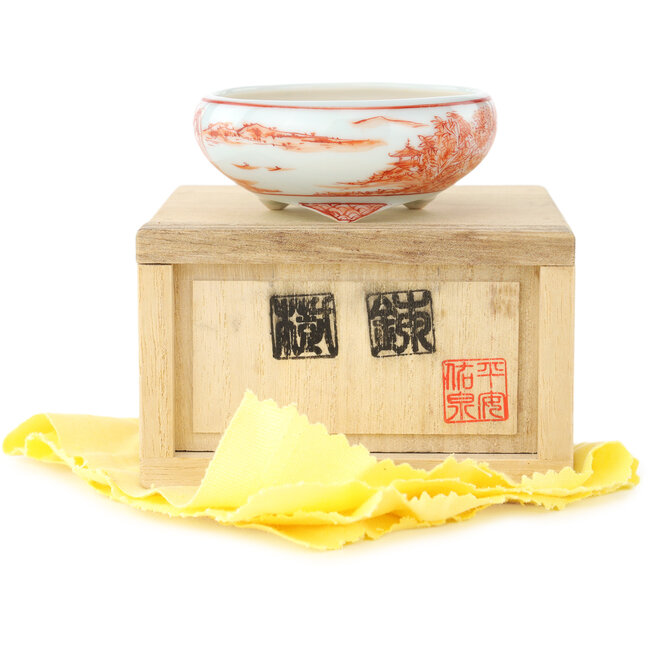 Vaso bonsai rotondo bianco e rosso di Kutani - 77 x 77 x 30 mm