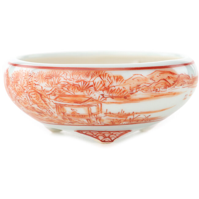 Round white and red  bonsai pot by Kutani - 77 x 77 x 30 mm