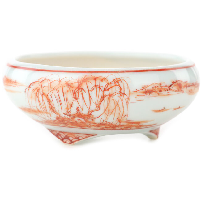 Vaso bonsai rotondo bianco e rosso di Kutani - 77 x 77 x 30 mm