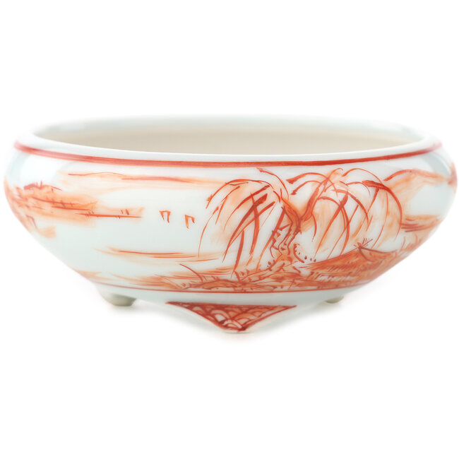 Round white and red  bonsai pot by Kutani - 77 x 77 x 30 mm
