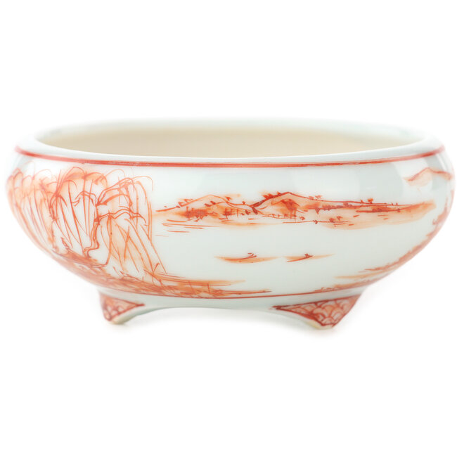 Ronde witte en rode bonsai pot van Kutani - 77 x 77 x 30 mm