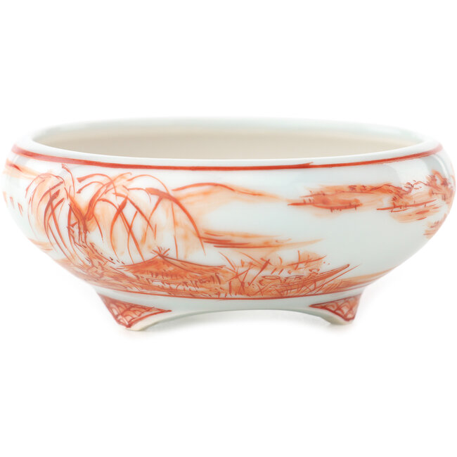 Round white and red  bonsai pot by Kutani - 77 x 77 x 30 mm