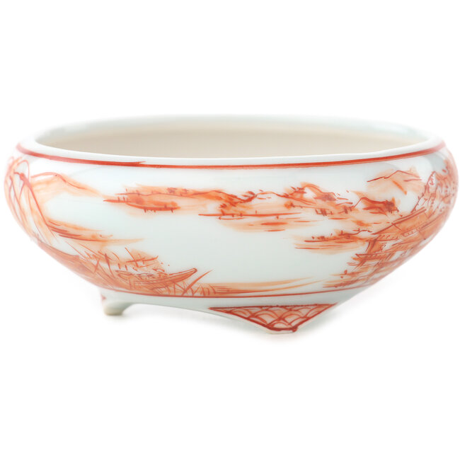 Round white and red  bonsai pot by Kutani - 77 x 77 x 30 mm