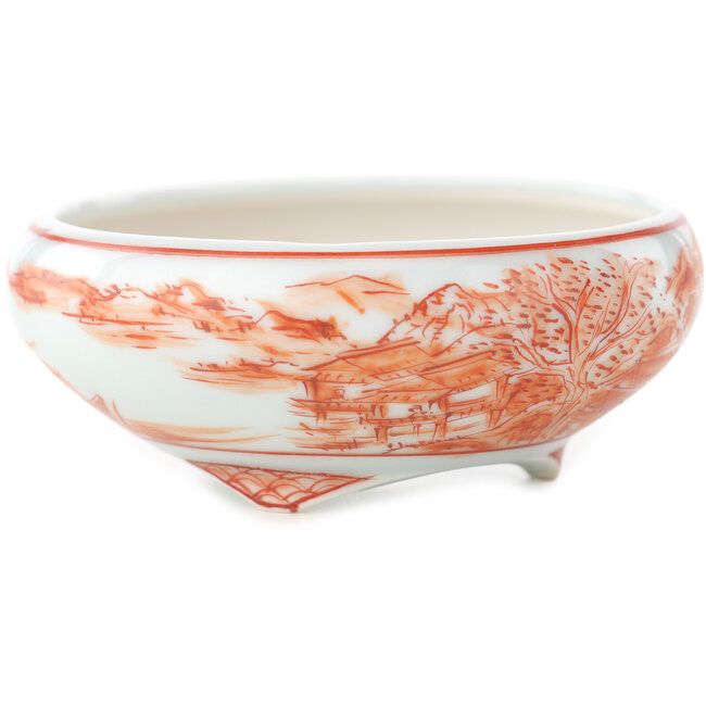 Pot à bonsaï rond blanc et rouge de Kutani - 77 x 77 x 30 mm