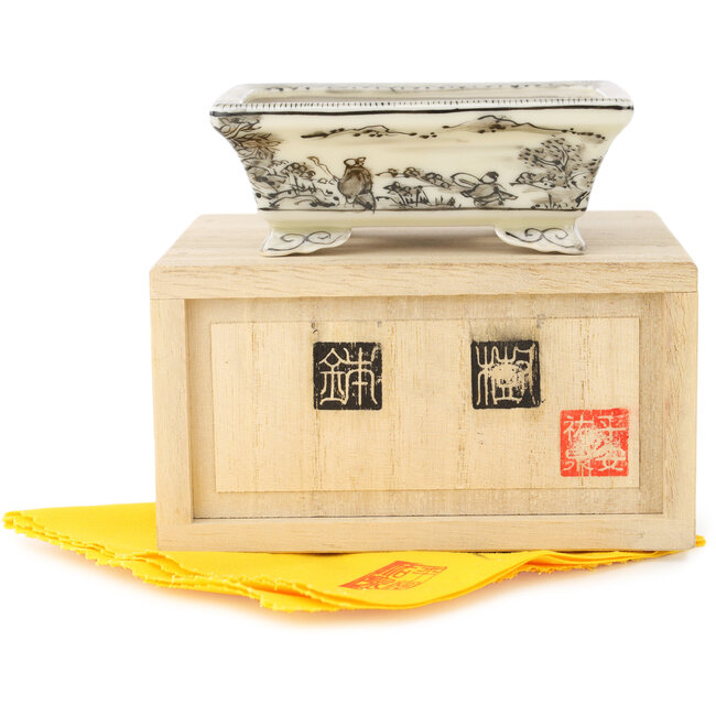 Rectangular white and black bonsai pot by Kutani - 95 x 78 x 35 mm
