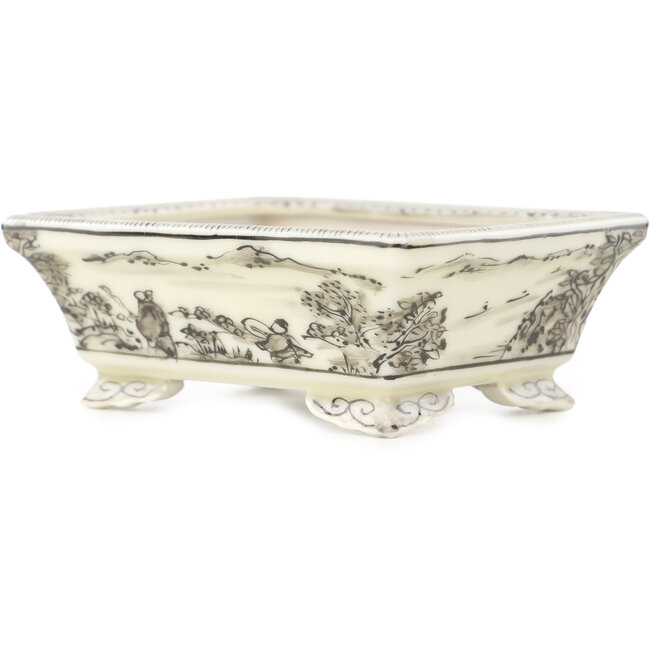 Vaso bonsai rettangolare bianco e nero di Kutani - 95 x 78 x 35 mm