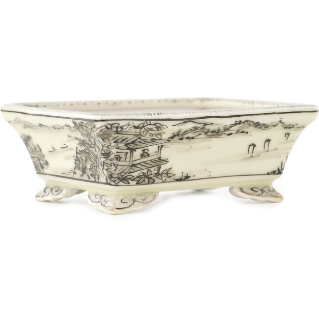 Vaso bonsai rettangolare bianco e nero di Kutani - 95 x 78 x 35 mm