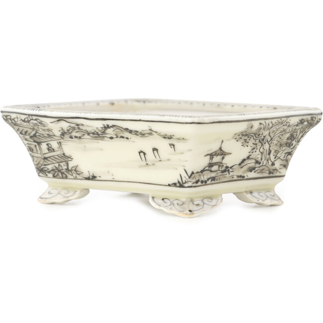 Vaso bonsai rettangolare bianco e nero di Kutani - 95 x 78 x 35 mm