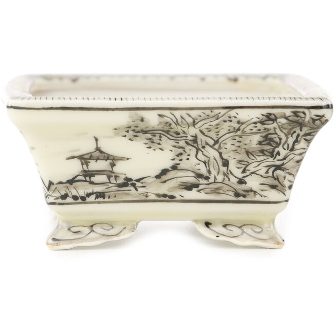Vaso bonsai rettangolare bianco e nero di Kutani - 95 x 78 x 35 mm