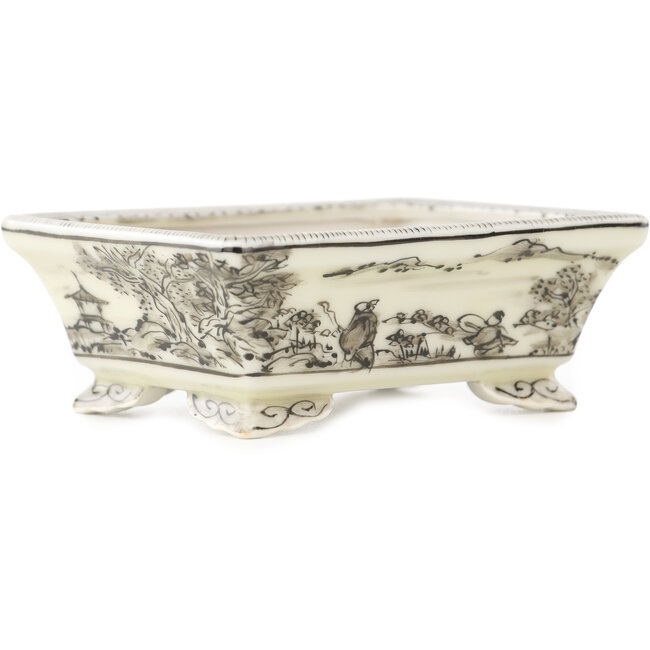 Vaso bonsai rettangolare bianco e nero di Kutani - 95 x 78 x 35 mm