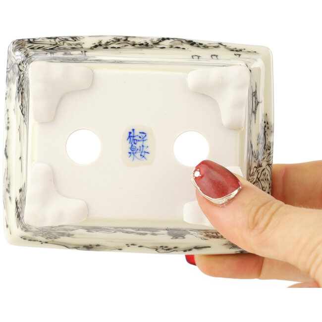 Vaso bonsai rettangolare bianco e nero di Kutani - 95 x 78 x 35 mm