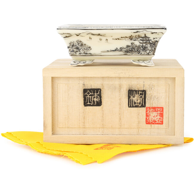 Rectangular white and black bonsai pot by Kutani - 95 x 78 x 35 mm