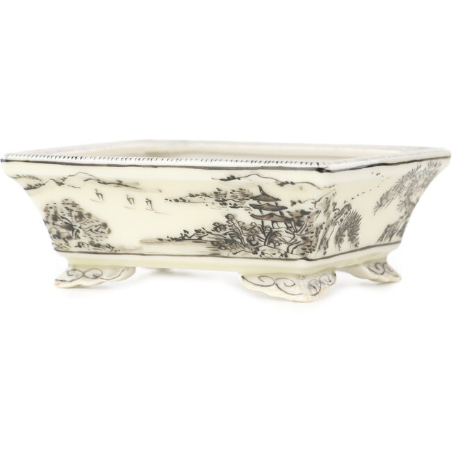 Rechthoekige witte en zwarte bonsai pot van Kutani - 95 x 78 x 35 mm