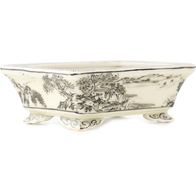 Rechteckiger weißer und schwarzer Bonsai-Topf von Kutani - 95 x 78 x 35 mm