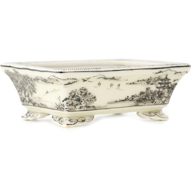 Rechthoekige witte en zwarte bonsai pot van Kutani - 95 x 78 x 35 mm