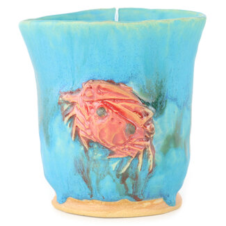 Masashi Furumoto Taza de té redonda de 135 mm, azul y roja, de Masashi Furumoto, Japón, con cangrejo simbólico.