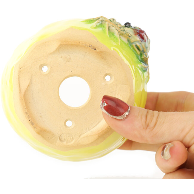 Round yellow and green bonsai pot by Masashi Furumoto - 95 x 95 x 67 mm