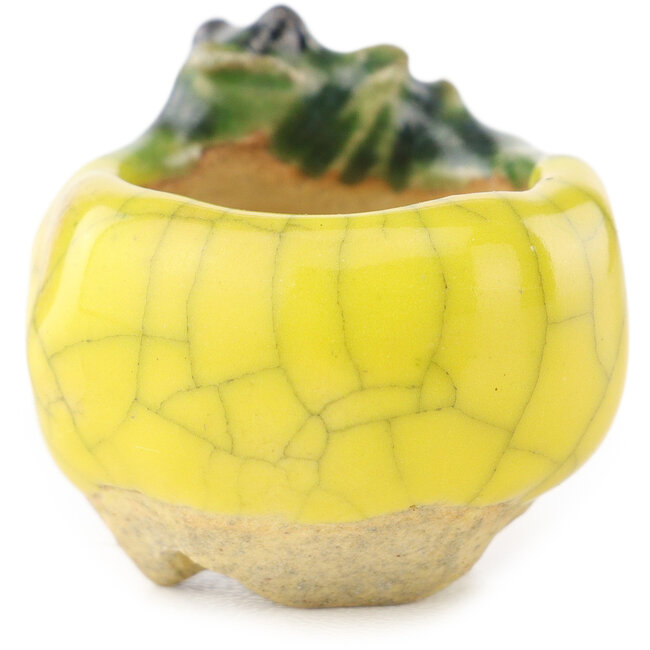 Ronde geel-groene bonsaipot van Masashi Furumoto - 26 x 26 x 17 mm